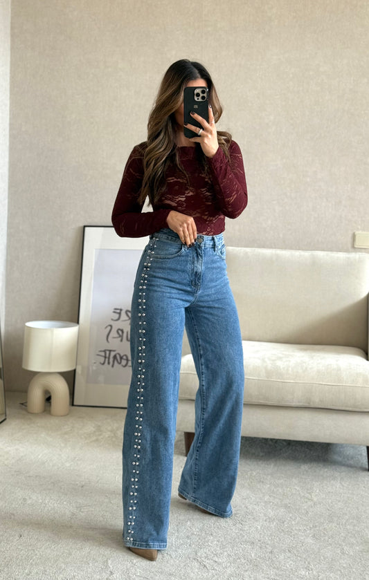 JEANS WIDE LEG COM TACHAS GANGA